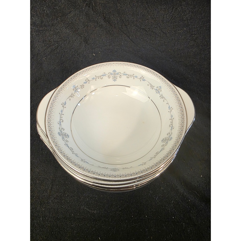 Noritake Maria 6675 Lugged Soup Bowls Set of 6 Blue Floral Platinum Trim Japan
